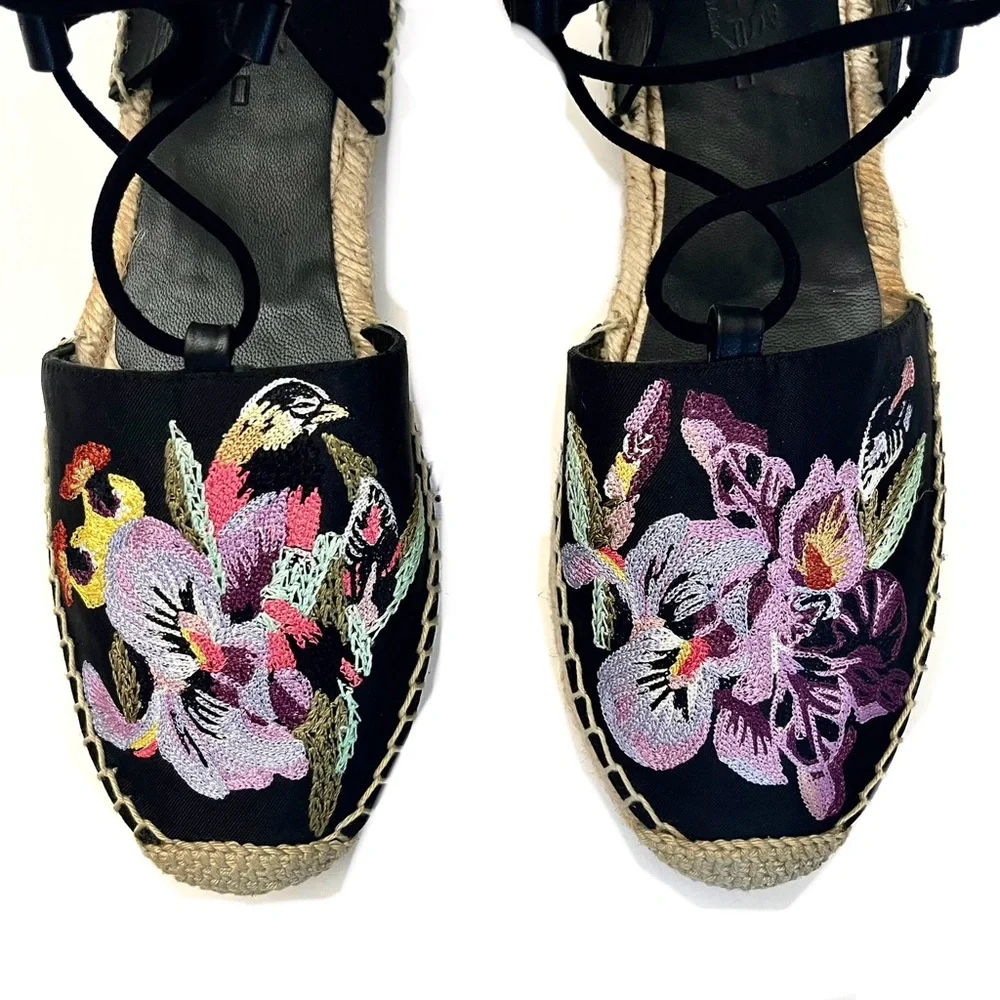 ETRO | Floral Bird Embroidered Black Lace- Up Tassel | Espadrilles